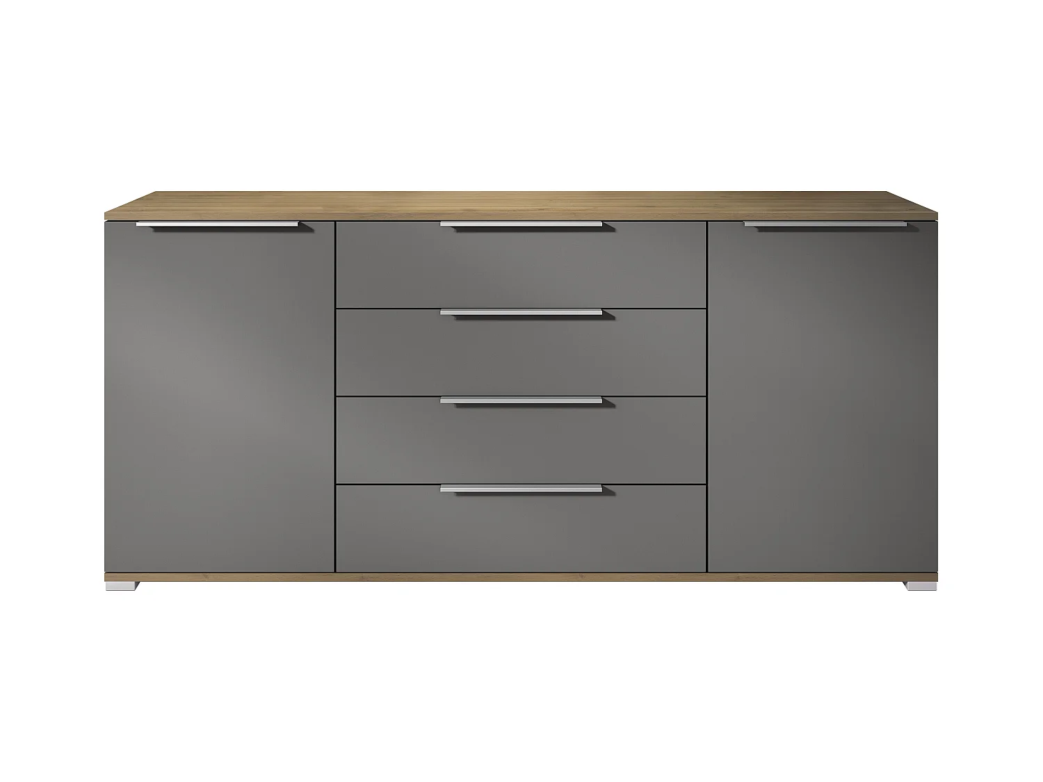 Buffet Linio V2 – Commode moderne avec 2 portes et 4 tiroirs, Chêne Evoke/anthracite mat, 166,5 x 75,5 x 35 cm (L x H x P) – Meuble de rangement bahut