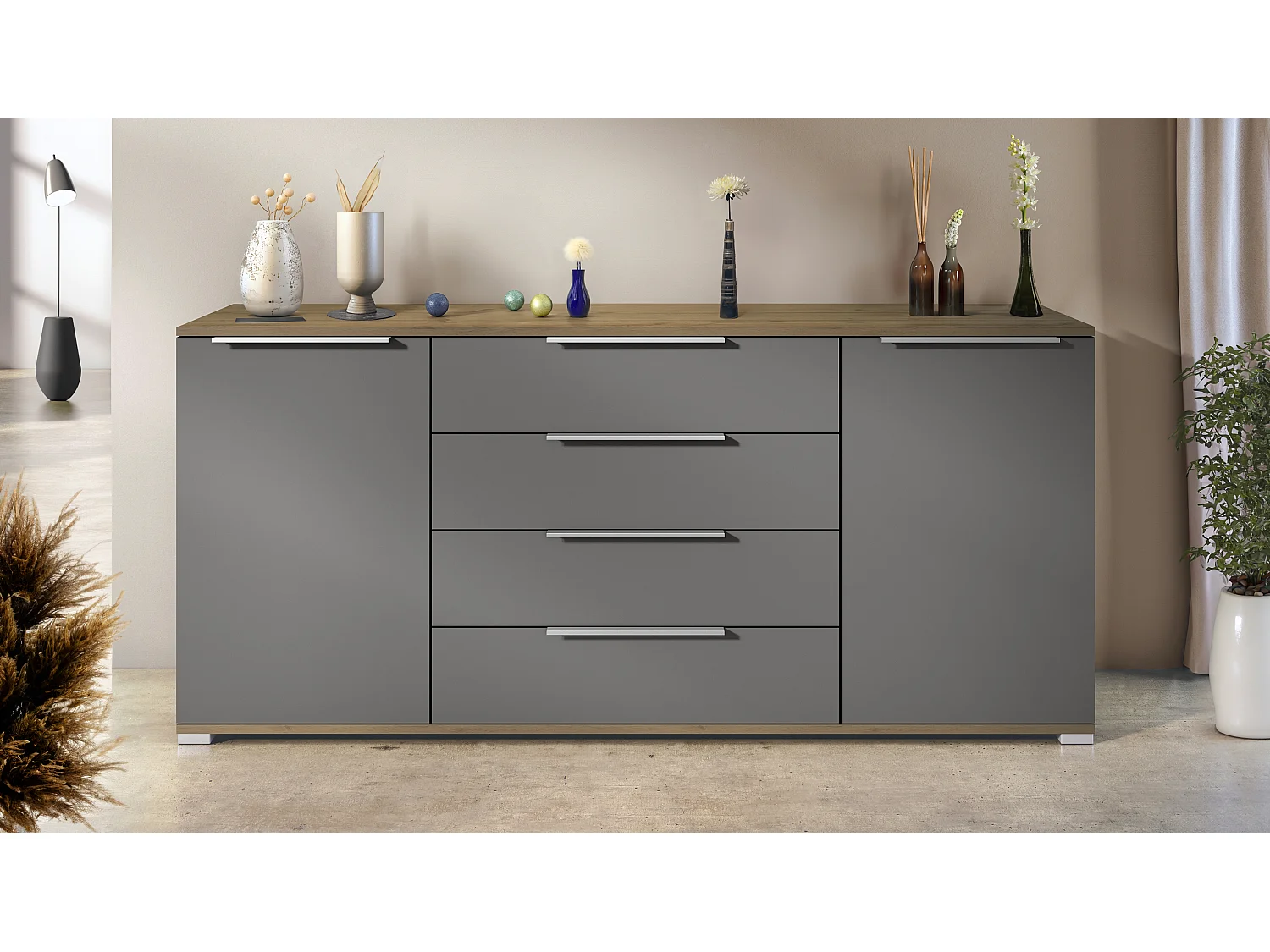 Buffet Linio V2 – Commode moderne avec 2 portes et 4 tiroirs, Chêne Evoke/anthracite mat, 166,5 x 75,5 x 35 cm (L x H x P) – Meuble de rangement bahut