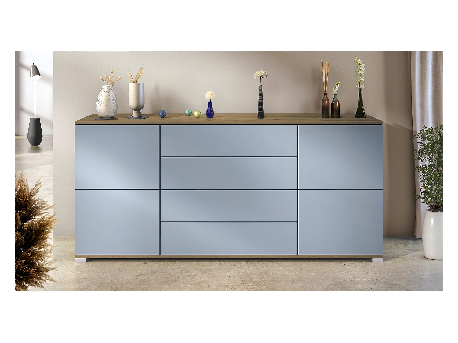 Buffet Rova V2 – Meuble avec 4 Portes et 4 Tiroirs, Chêne Evoke/denim mat (166,5 x 75,5 x 35)
