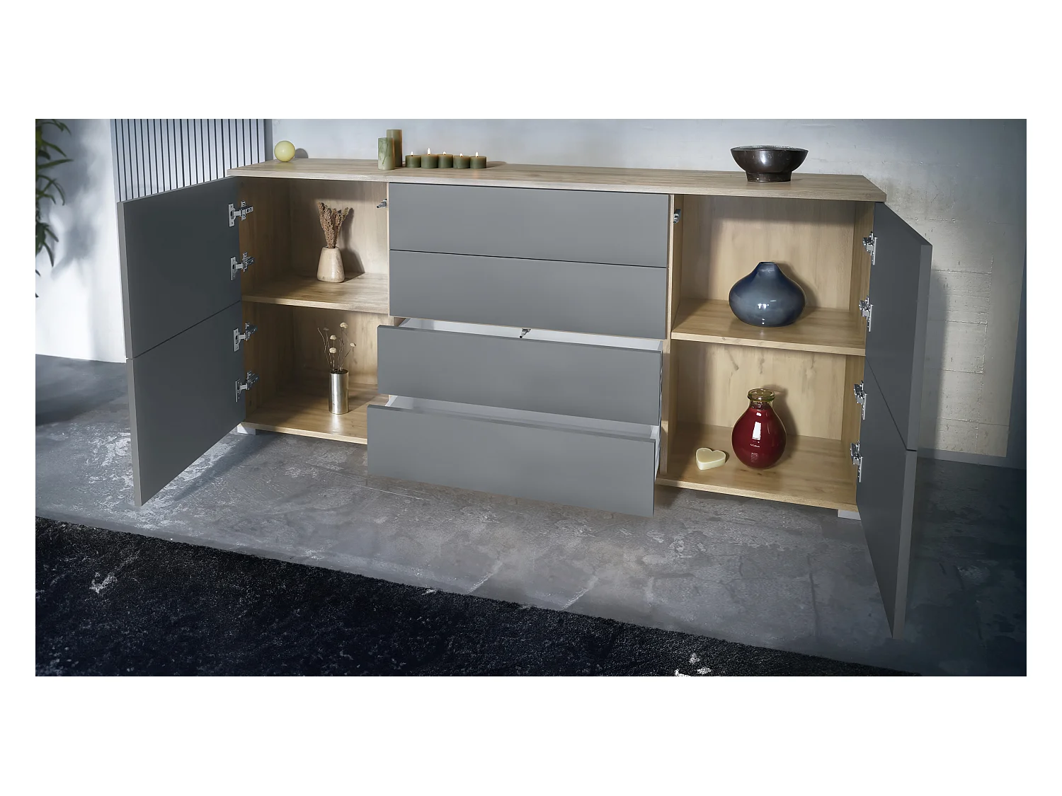 Buffet Rova V2 – Meuble avec 4 Portes et 4 Tiroirs, Chêne Evoke/denim mat (166,5 x 75,5 x 35)