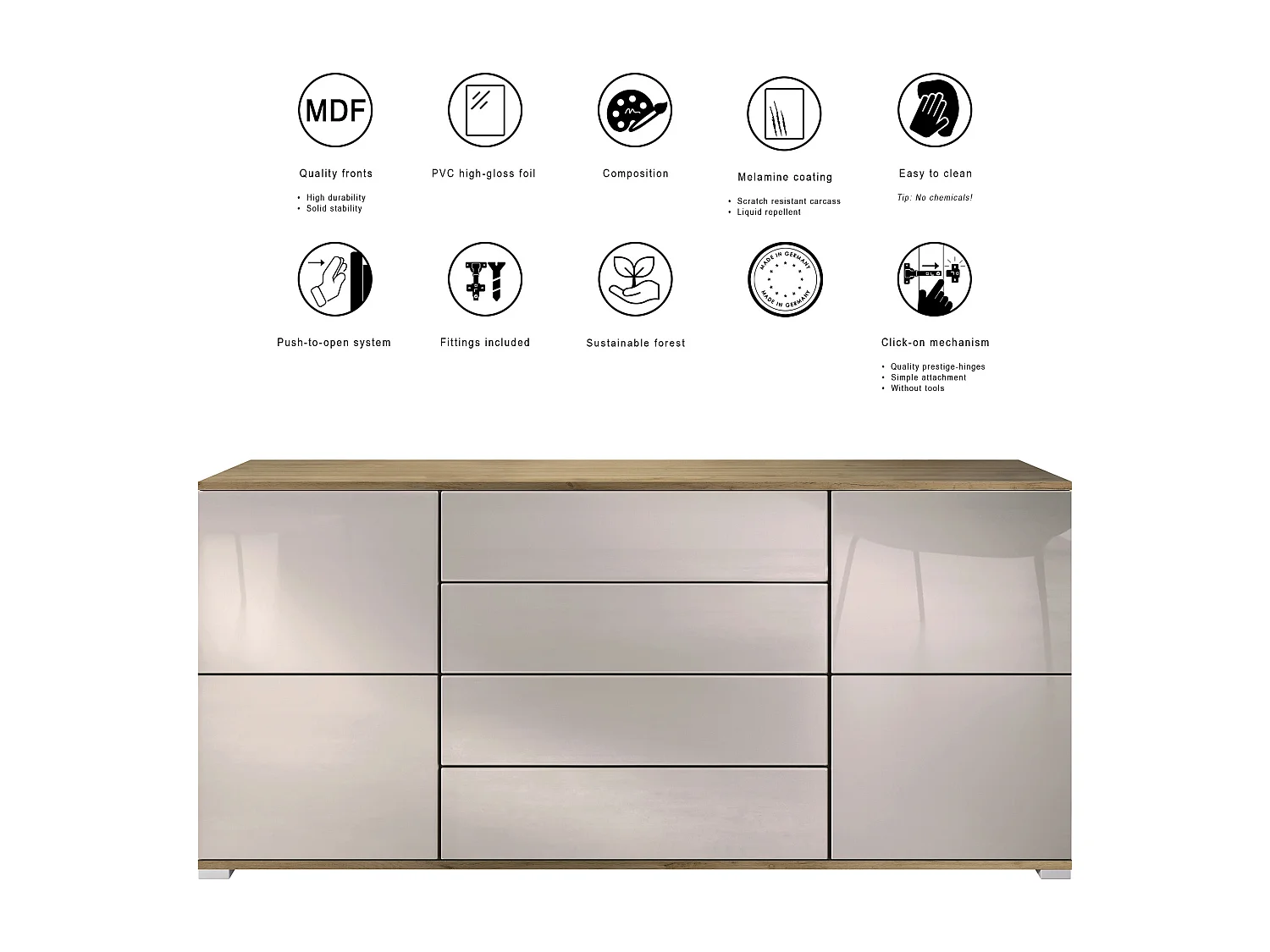 Buffet Rova V2 – Meuble avec 4 Portes et 4 Tiroirs, Chêne Evoke/denim mat (166,5 x 75,5 x 35)