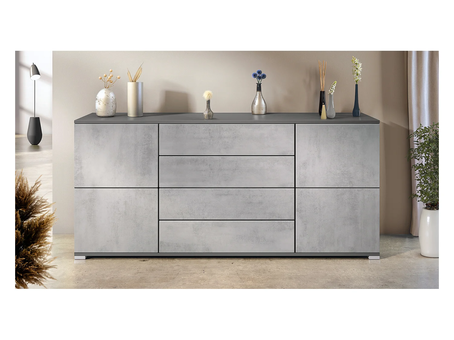 Buffet Rova V2 – Meuble avec 4 Portes et 4 Tiroirs, anthracite mat/aspect béton oxyde (166,5 x 75,5 x 35)