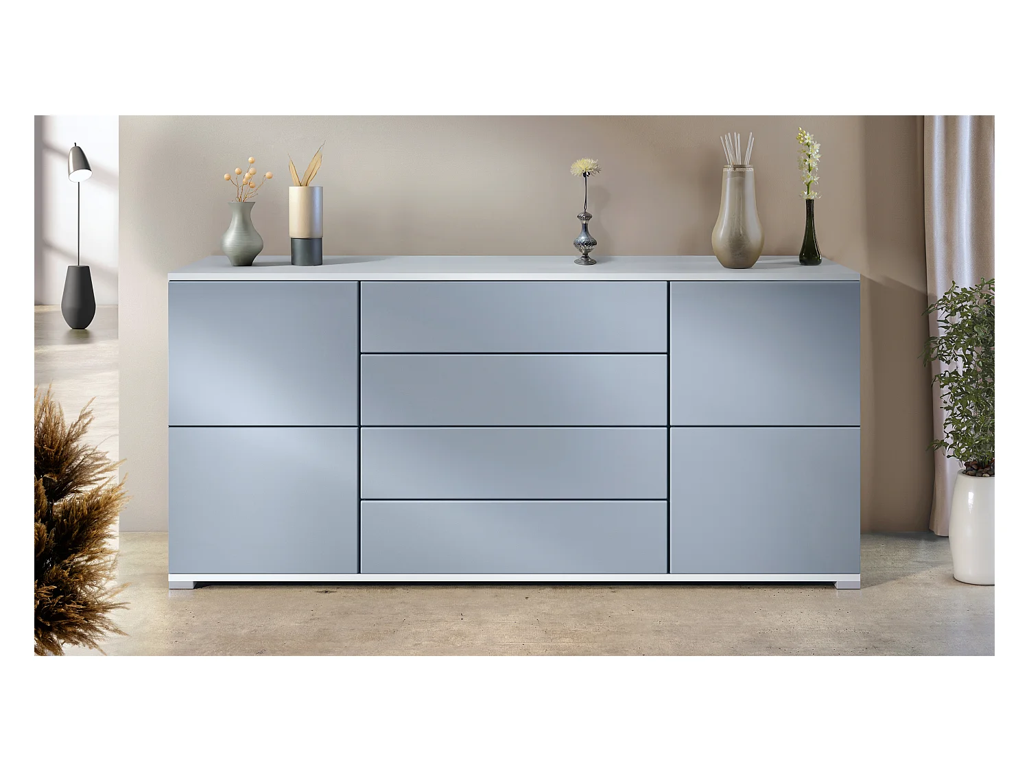 Buffet Rova V2 – Meuble avec 4 Portes et 4 Tiroirs, blanc mat/denim mat (166,5 x 75,5 x 35)