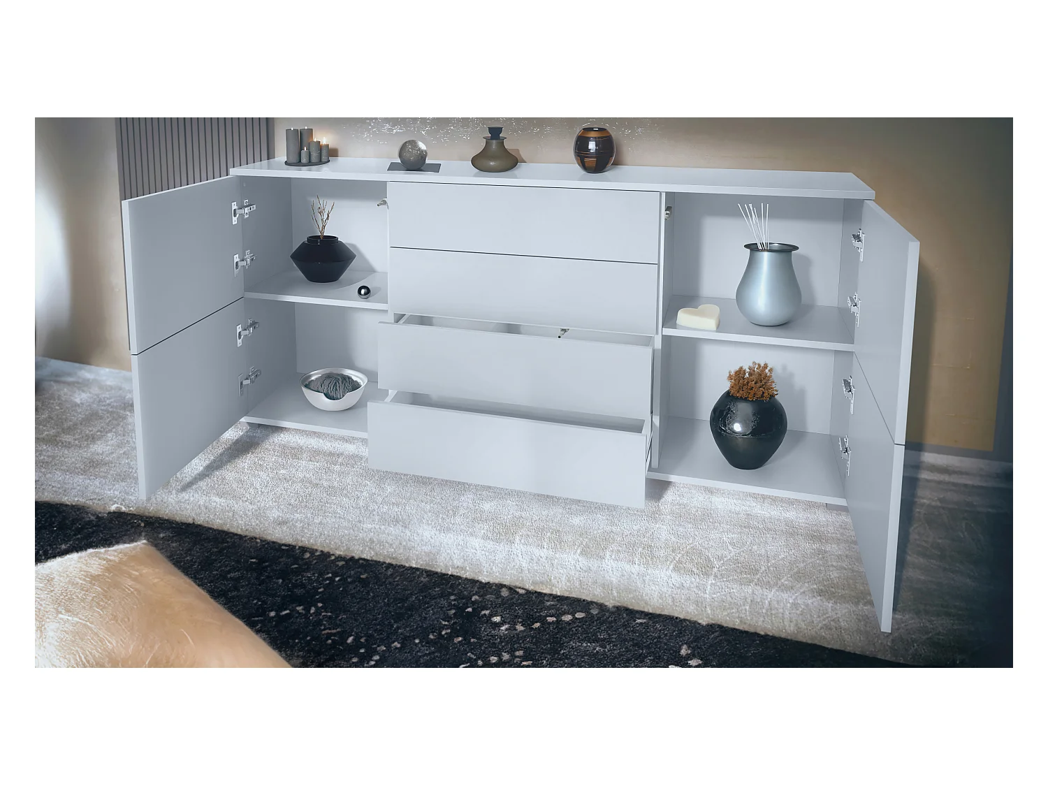 Buffet Rova V2 – Meuble avec 4 Portes et 4 Tiroirs, blanc mat/denim mat (166,5 x 75,5 x 35)