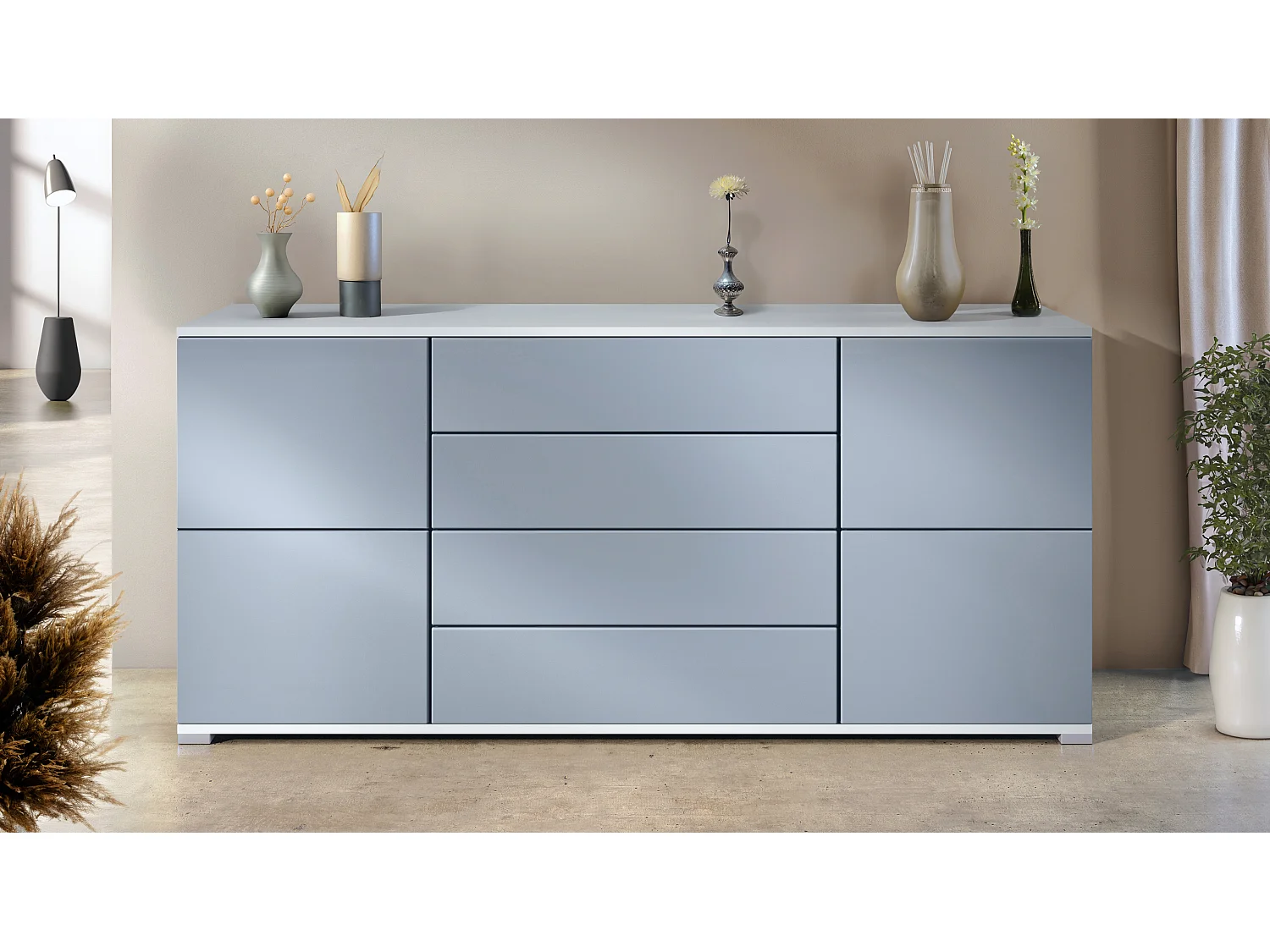 Buffet Rova V2 – Meuble avec 4 Portes et 4 Tiroirs, blanc mat/denim mat (166,5 x 75,5 x 35)