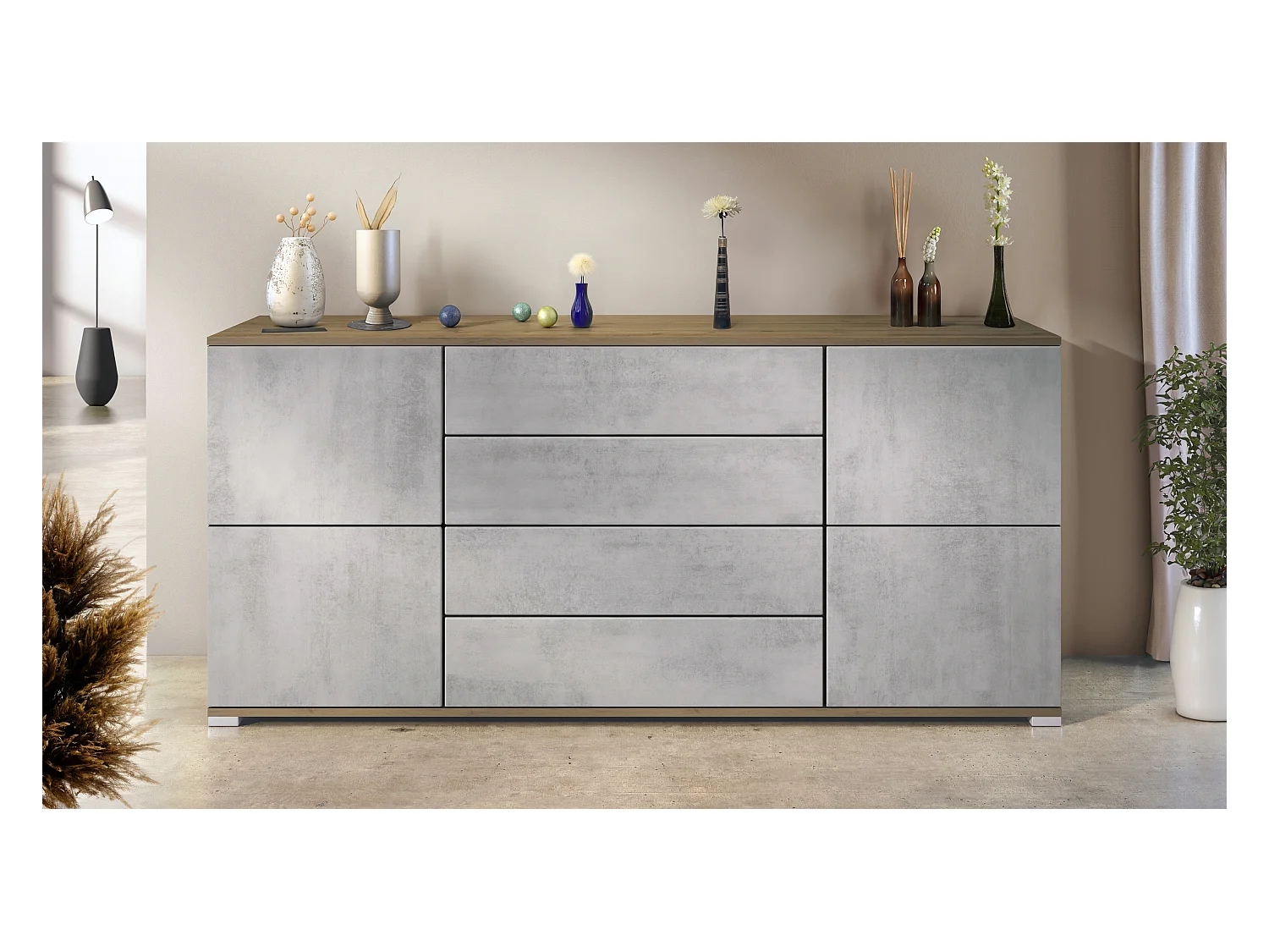 Buffet Rova V2 – Meuble avec 4 Portes et 4 Tiroirs, Chêne Evoke/aspect béton oxyde (166,5 x 75,5 x 35)