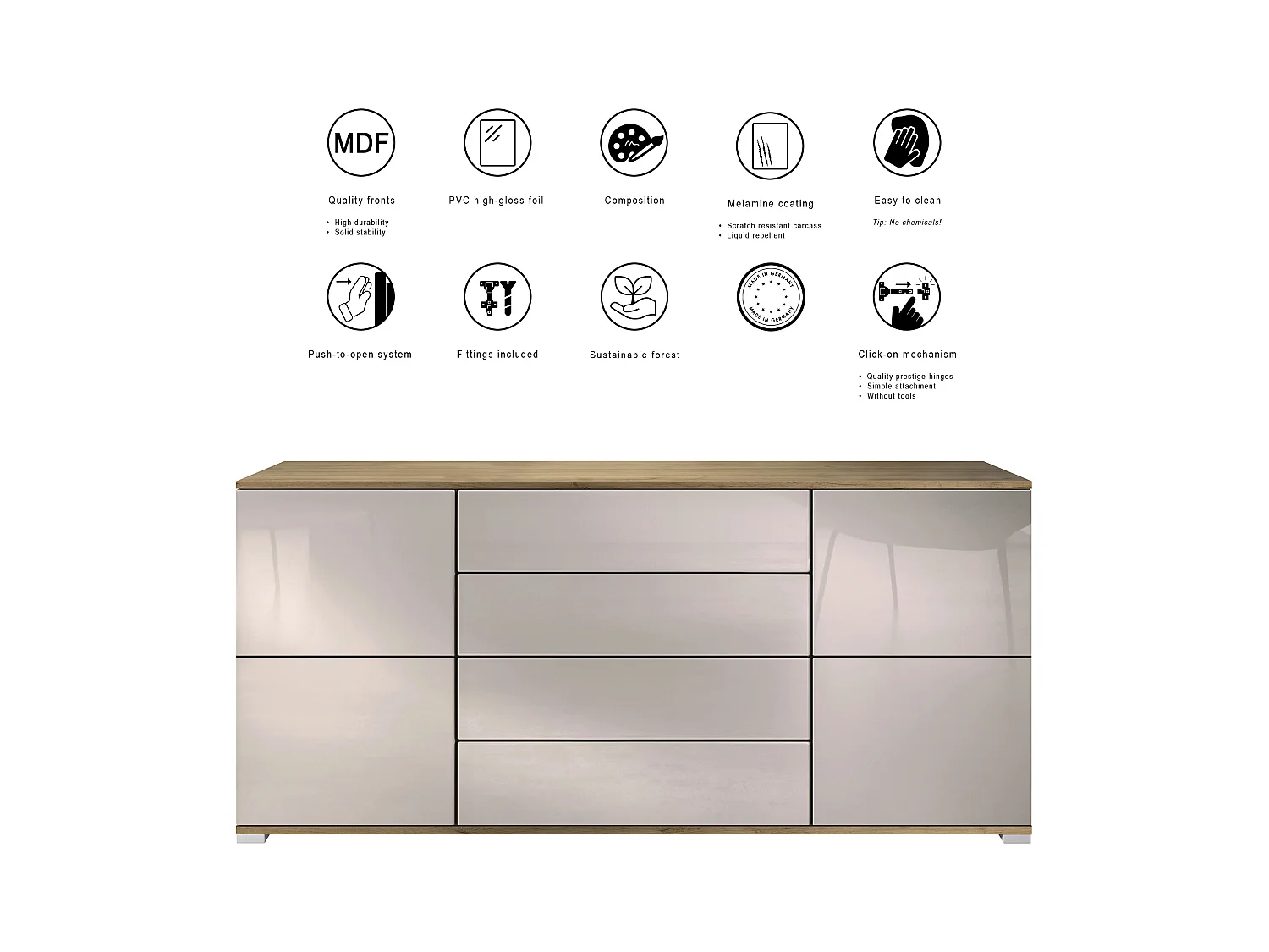 Buffet Rova V2 – Meuble avec 4 Portes et 4 Tiroirs, Chêne Evoke/aspect béton oxyde (166,5 x 75,5 x 35)