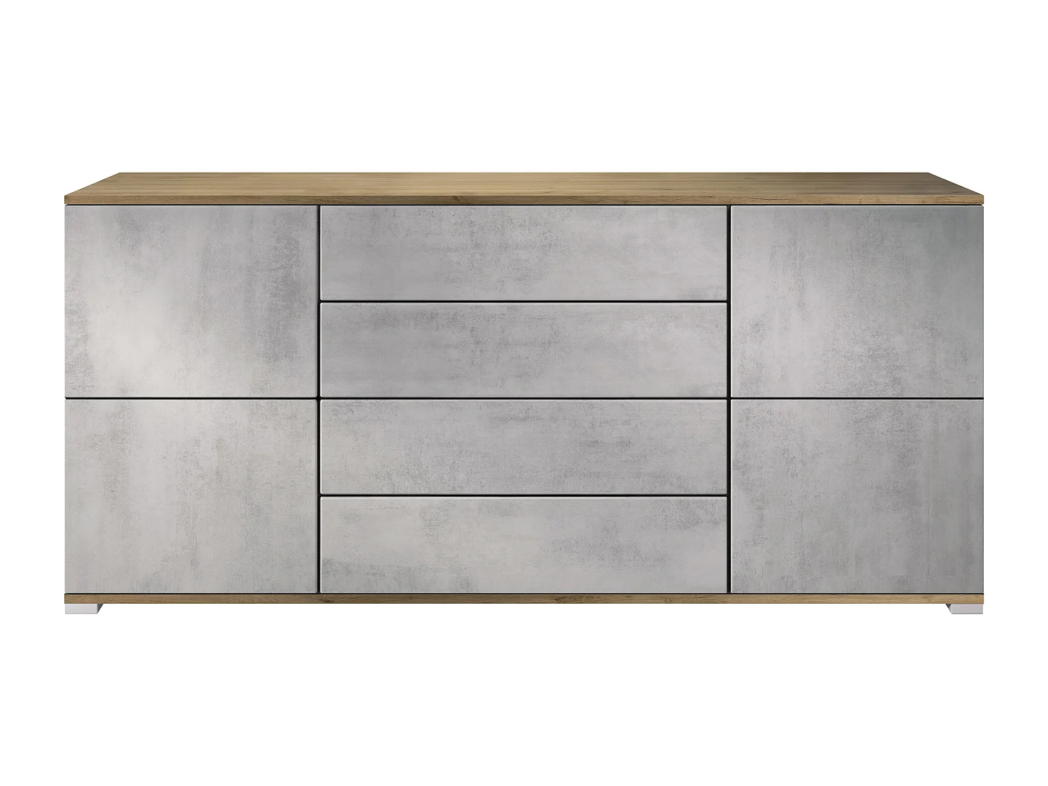 Buffet Rova V2 – Meuble avec 4 Portes et 4 Tiroirs, Chêne Evoke/aspect béton oxyde (166,5 x 75,5 x 35)