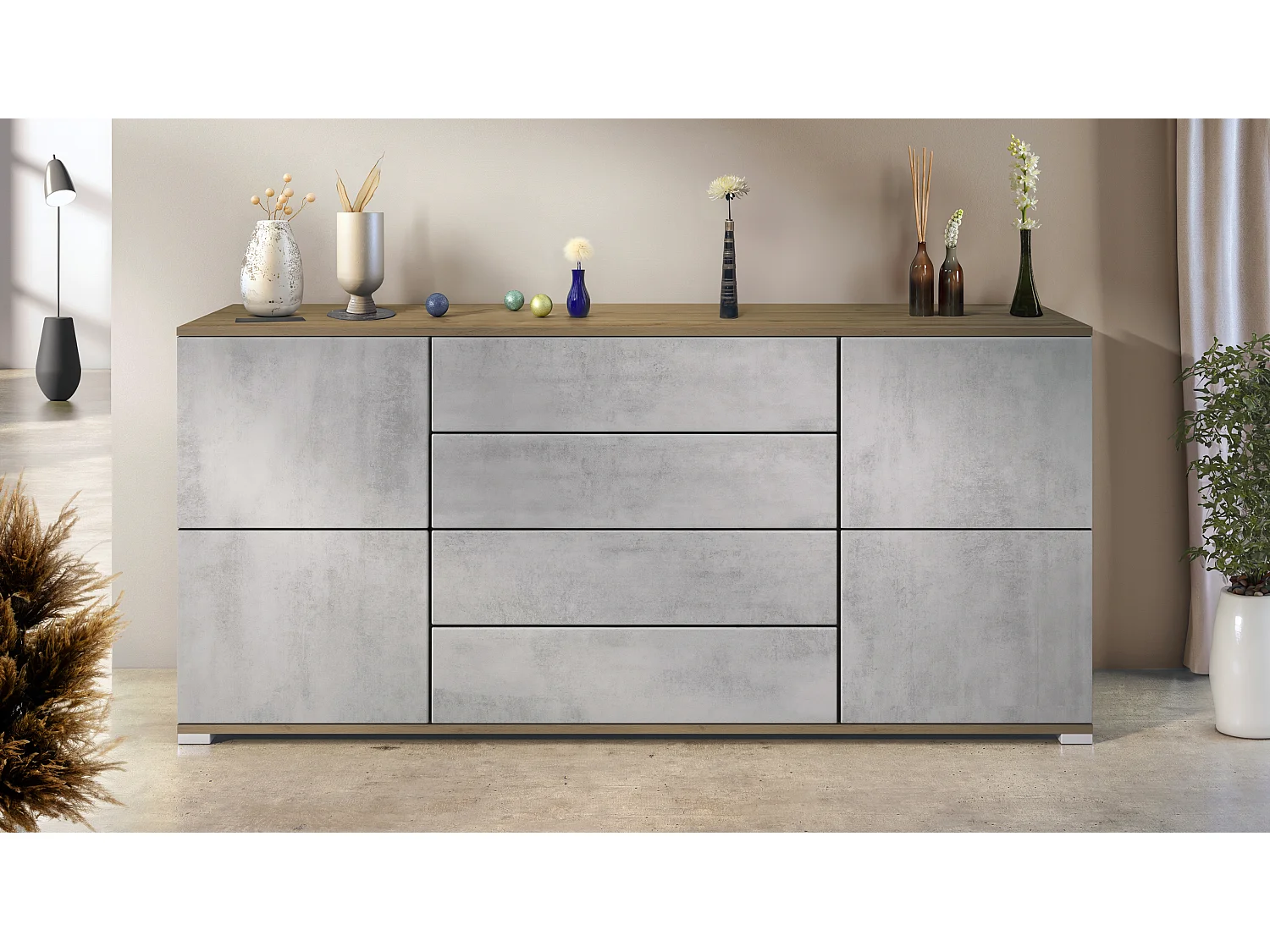 Buffet Rova V2 – Meuble avec 4 Portes et 4 Tiroirs, Chêne Evoke/aspect béton oxyde (166,5 x 75,5 x 35)