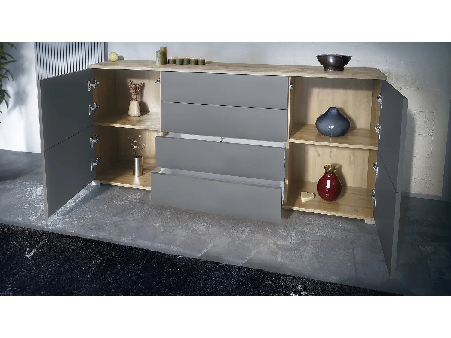 Buffet Rova V2 – Meuble avec 4 Portes et 4 Tiroirs, Chêne Evoke/aspect béton oxyde (166,5 x 75,5 x 35)