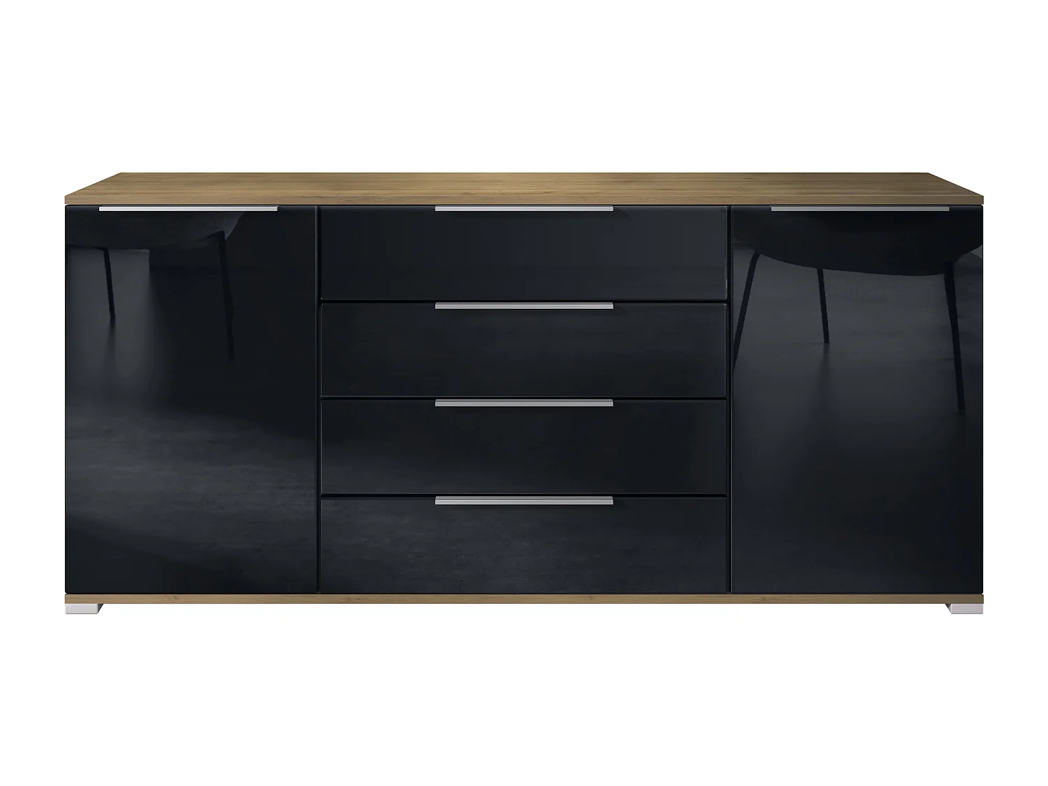 Buffet Linio V2 – Commode moderne avec 2 portes et 4 tiroirs, Chêne Evoke/noir haute brillance, 166,5 x 75,5 x 35 cm (L x H x P) – Meuble de rangement bahut