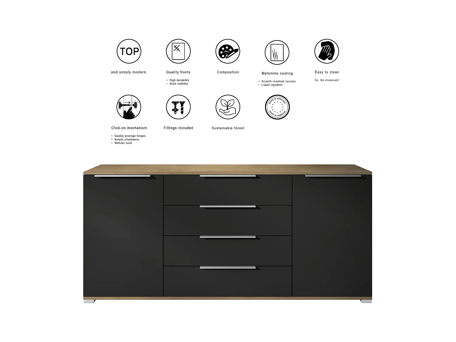 Buffet Linio V2 – Commode moderne avec 2 portes et 4 tiroirs, Chêne Evoke/noir haute brillance, 166,5 x 75,5 x 35 cm (L x H x P) – Meuble de rangement bahut