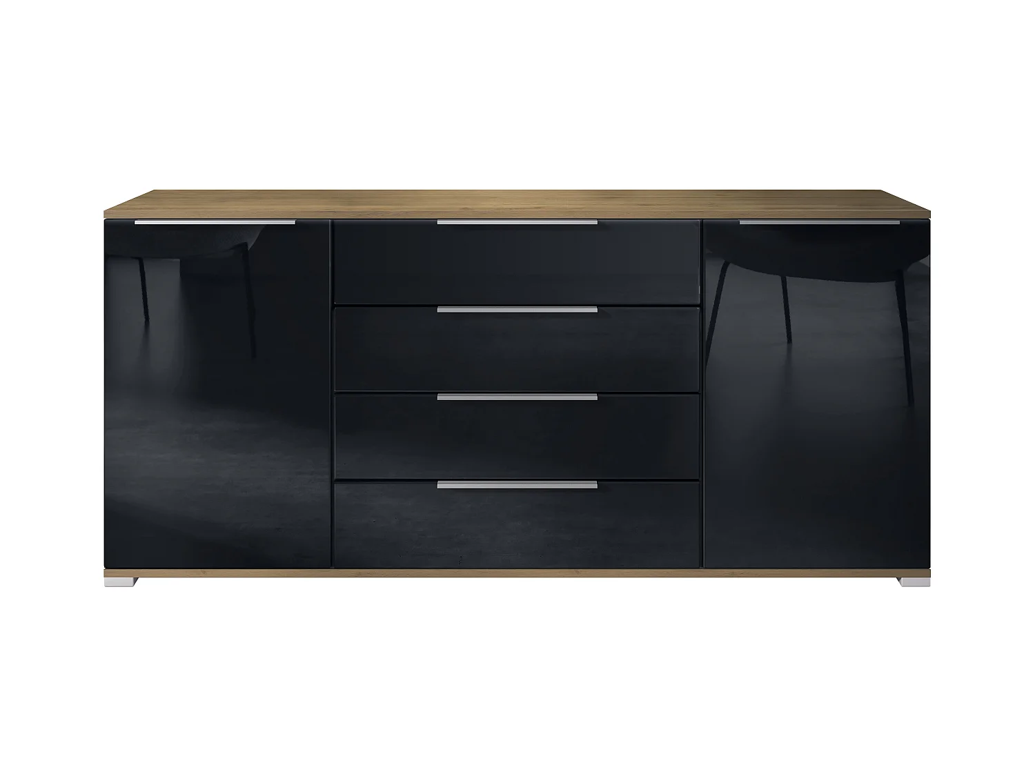 Buffet Linio V2 – Commode moderne avec 2 portes et 4 tiroirs, Chêne Evoke/noir haute brillance, 166,5 x 75,5 x 35 cm (L x H x P) – Meuble de rangement bahut