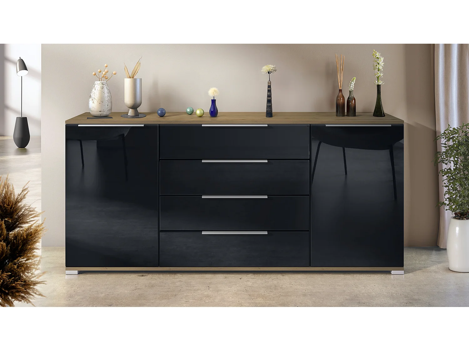 Buffet Linio V2 – Commode moderne avec 2 portes et 4 tiroirs, Chêne Evoke/noir haute brillance, 166,5 x 75,5 x 35 cm (L x H x P) – Meuble de rangement bahut