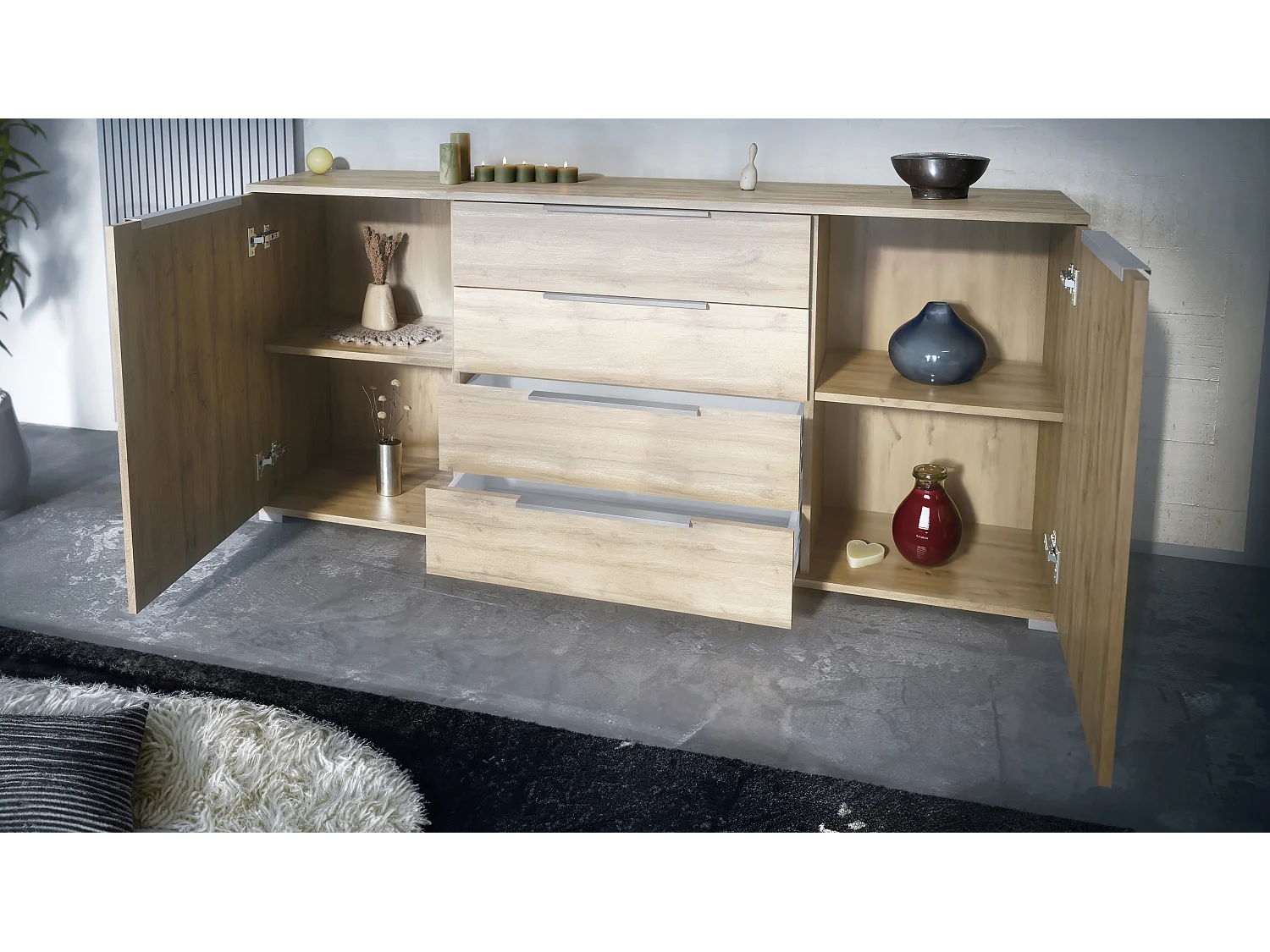 Buffet Linio V2 – Commode moderne avec 2 portes et 4 tiroirs, Chêne Evoke/noir haute brillance, 166,5 x 75,5 x 35 cm (L x H x P) – Meuble de rangement bahut