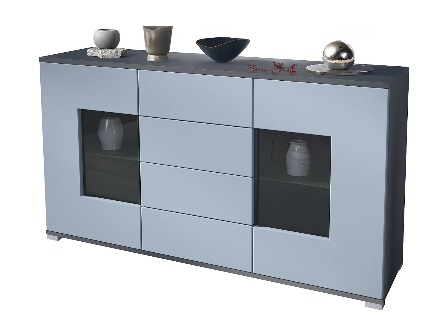 Buffet Grömitz V1 – Meuble avec 2 Grandes Portes et 4 Tiroirs, anthracite mat/denim mat (138,5 x 75,5 x 35)