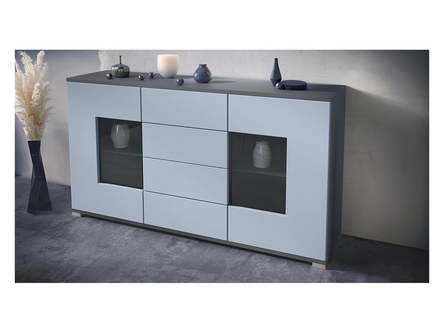 Buffet Grömitz V1 – Meuble avec 2 Grandes Portes et 4 Tiroirs, anthracite mat/denim mat (138,5 x 75,5 x 35)