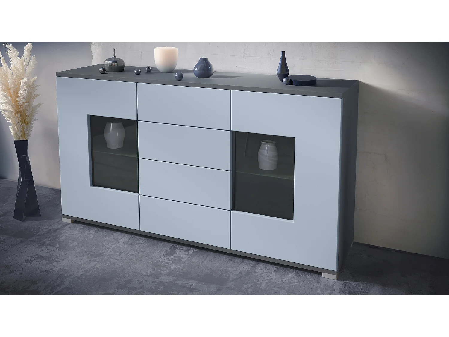 Buffet Grömitz V1 – Meuble avec 2 Grandes Portes et 4 Tiroirs, anthracite mat/denim mat (138,5 x 75,5 x 35)