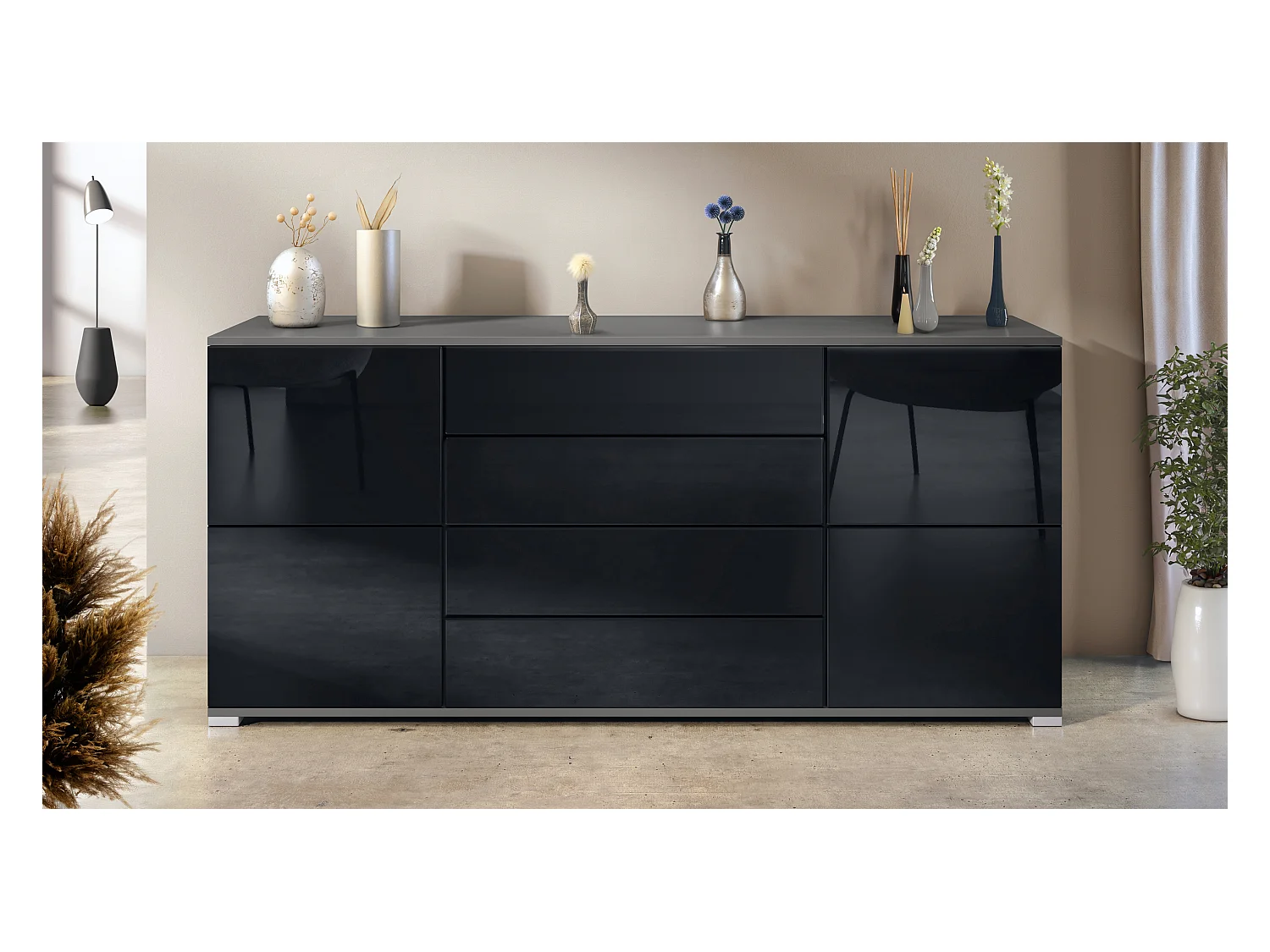 Buffet Rova V2 – Meuble avec 4 Portes et 4 Tiroirs, anthracite mat/noir haute brillance (166,5 x 75,5 x 35)