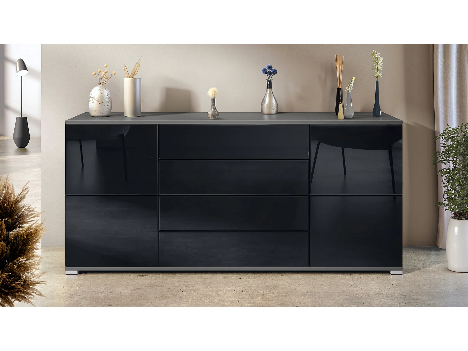 Buffet Rova V2 – Meuble avec 4 Portes et 4 Tiroirs, anthracite mat/noir haute brillance (166,5 x 75,5 x 35)