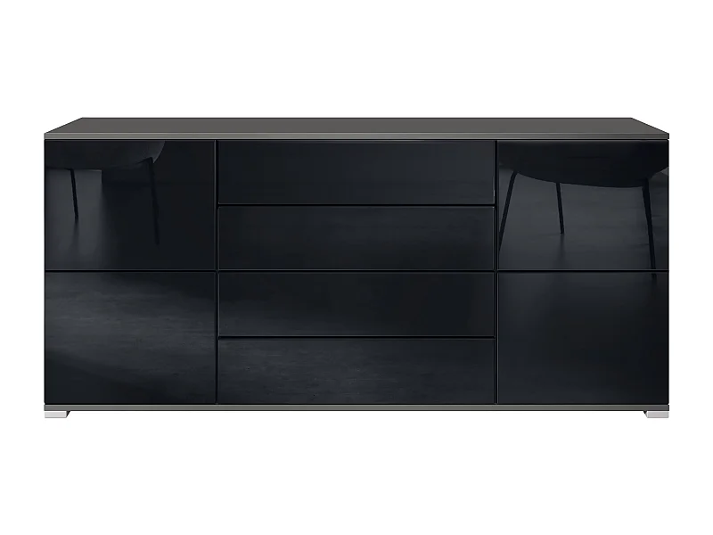 Credenza Rova V2 – Mobile con 4 Ante e 4 Cassetti, antracite opaco /nero lucido (166,5 x 75,5 x 35)