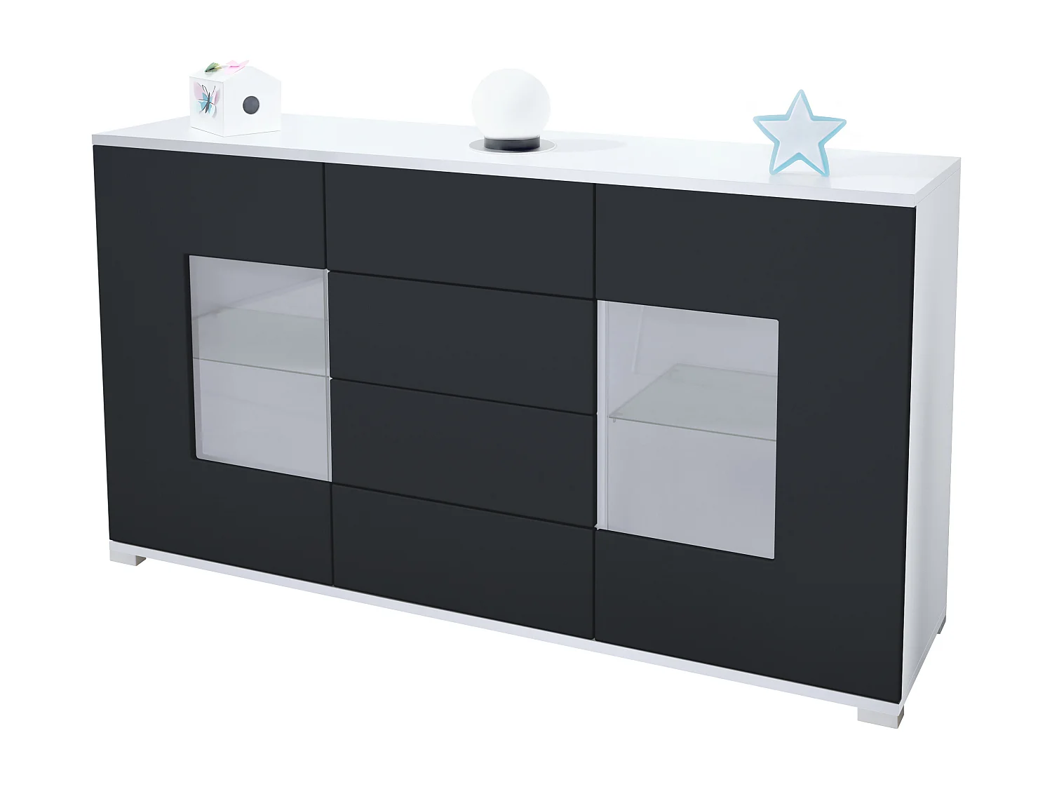 Buffet Grömitz V1 – Meuble avec 2 Grandes Portes et 4 Tiroirs, blanc mat/noir mat (138,5 x 75,5 x 35)