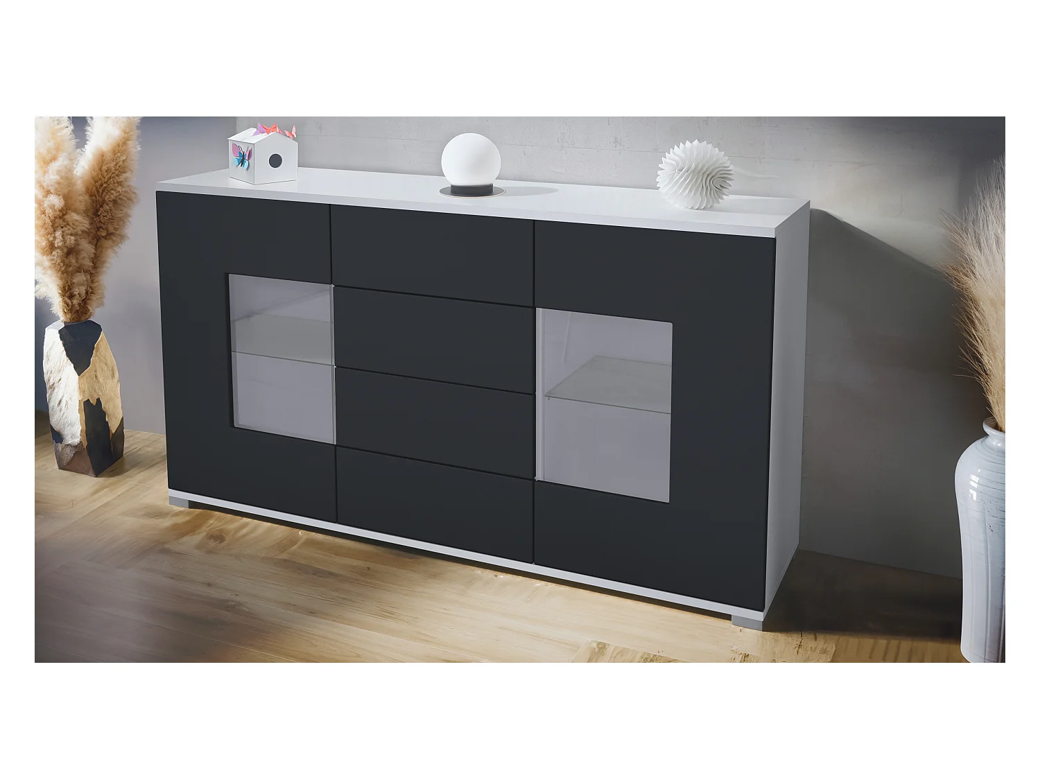 Buffet Grömitz V1 – Meuble avec 2 Grandes Portes et 4 Tiroirs, blanc mat/noir mat (138,5 x 75,5 x 35)