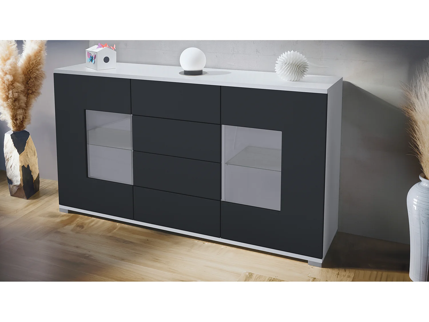 Buffet Grömitz V1 – Meuble avec 2 Grandes Portes et 4 Tiroirs, blanc mat/noir mat (138,5 x 75,5 x 35)