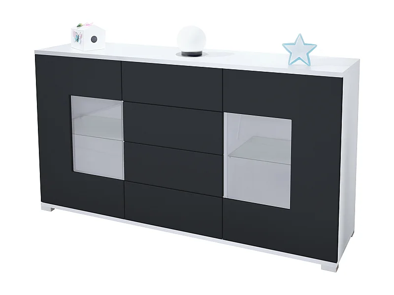 Credenza Grömitz V1 – Mobile con 2 Grandi Ante e 4 Cassetti, bianco opaco/nero opaco (138,5 x 75,5 x 35)