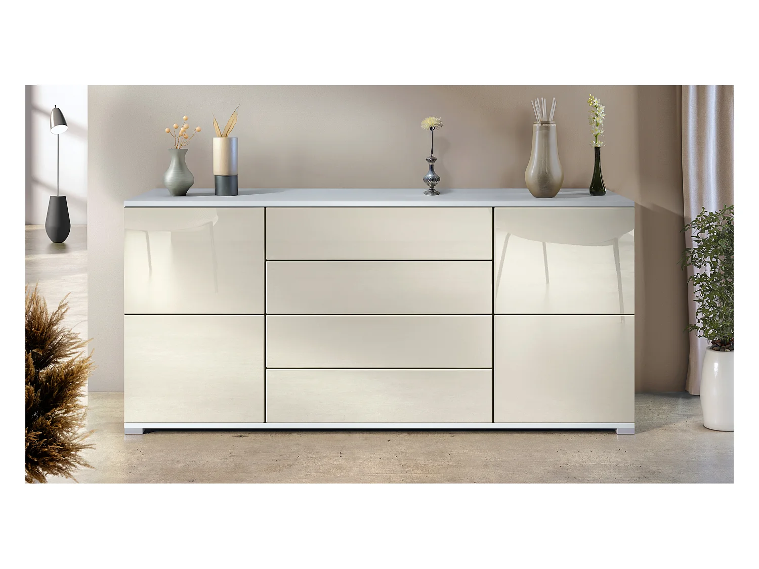Buffet Rova V2 – Meuble avec 4 Portes et 4 Tiroirs, blanc mat/crème haute brillance (166,5 x 75,5 x 35)