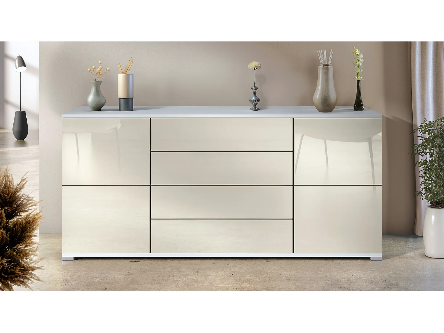 Buffet Rova V2 – Meuble avec 4 Portes et 4 Tiroirs, blanc mat/crème haute brillance (166,5 x 75,5 x 35)