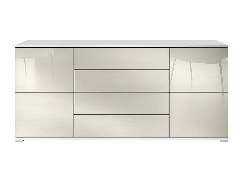 Buffet Rova V2 – Meuble avec 4 Portes et 4 Tiroirs, blanc mat/crème haute brillance (166,5 x 75,5 x 35)