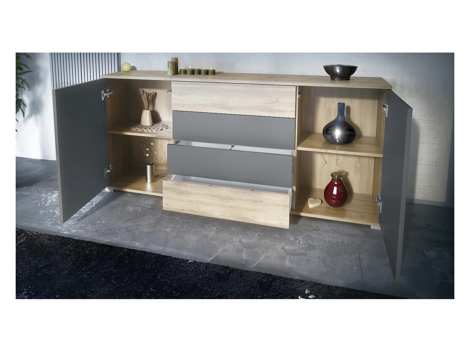 Buffet Santo V2, Enfilade avec 2 portes et 4 tiroirs, Chêne Evoke / anthracite mat (166,5 x 75,5 x 35 cm)