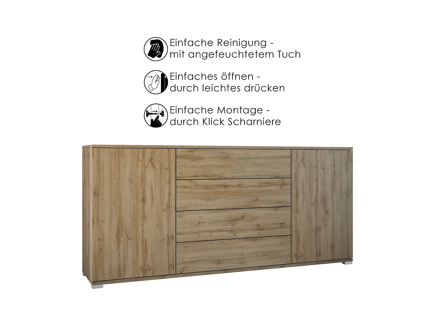 Buffet Santo V2, Enfilade avec 2 portes et 4 tiroirs, Chêne Evoke / anthracite mat (166,5 x 75,5 x 35 cm)