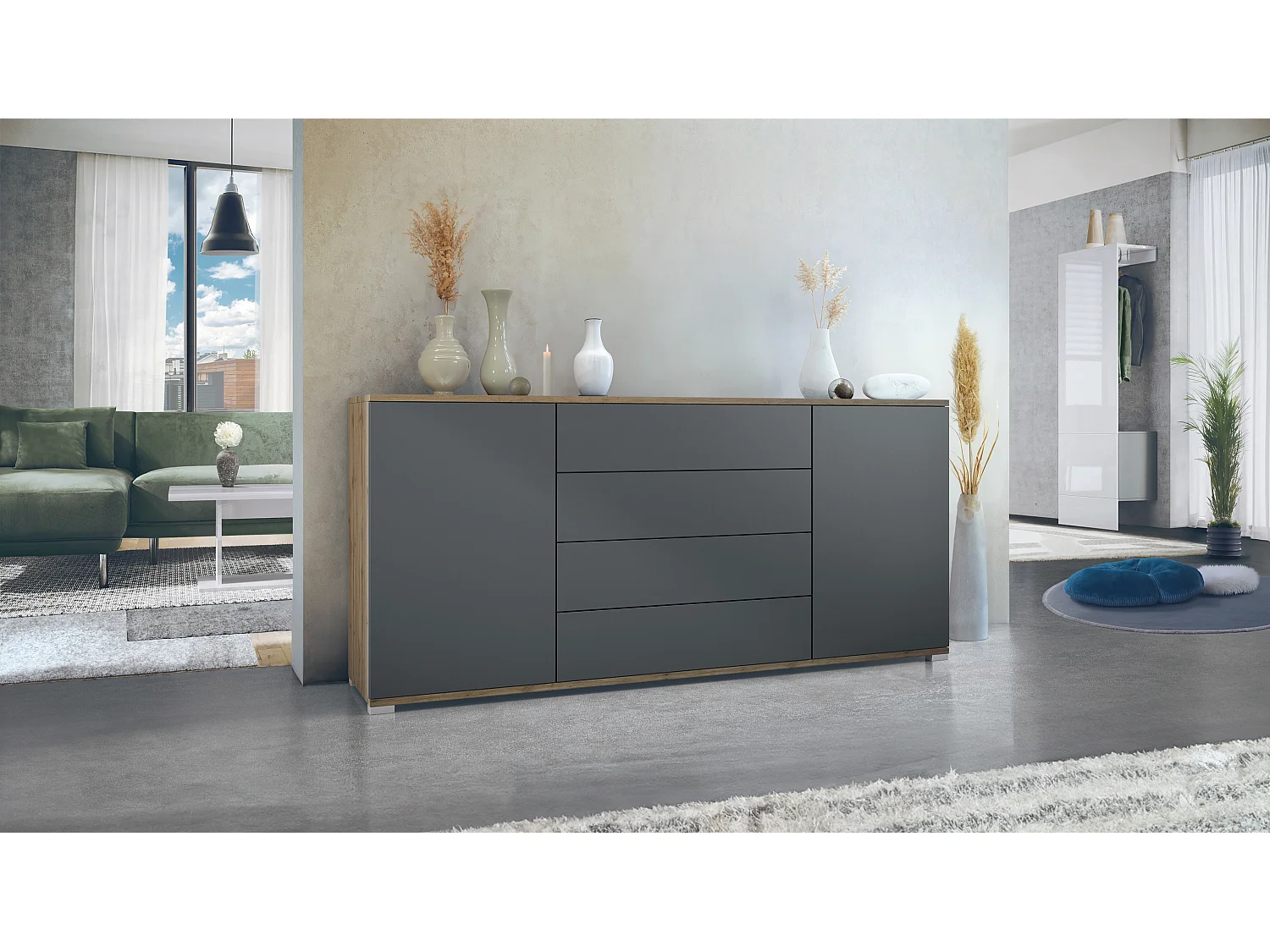 Buffet Santo V2, Enfilade avec 2 portes et 4 tiroirs, Chêne Evoke / anthracite mat (166,5 x 75,5 x 35 cm)
