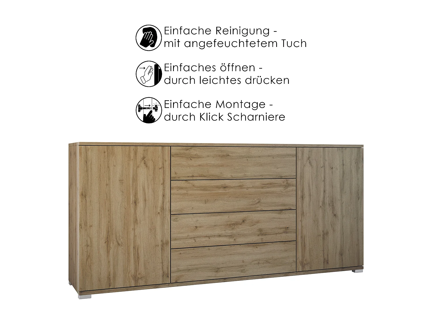 Buffet Santo V2, Enfilade avec 2 portes et 4 tiroirs, Chêne Evoke / anthracite mat (166,5 x 75,5 x 35 cm)