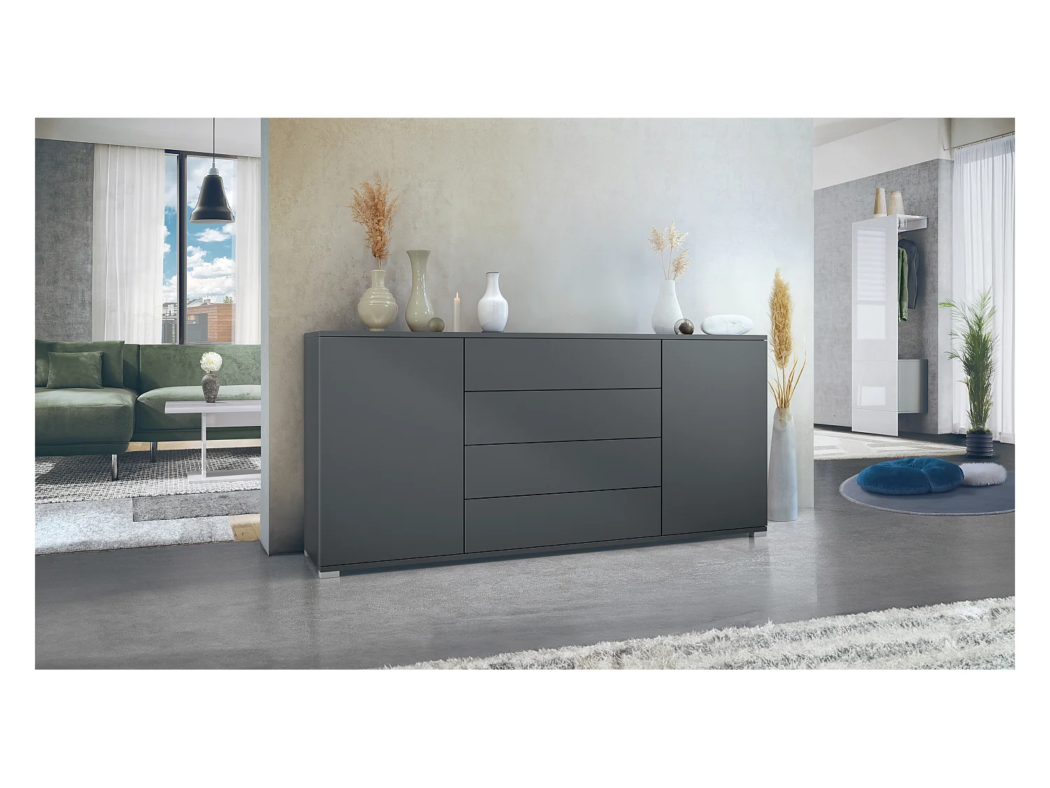 Buffet Santo V2, Enfilade avec 2 portes et 4 tiroirs, anthracite mat / anthracite mat (166,5 x 75,5 x 35 cm)