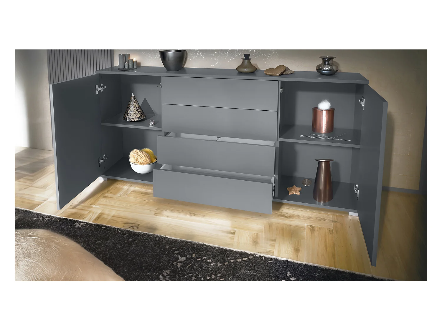 Buffet Santo V2, Enfilade avec 2 portes et 4 tiroirs, anthracite mat / anthracite mat (166,5 x 75,5 x 35 cm)