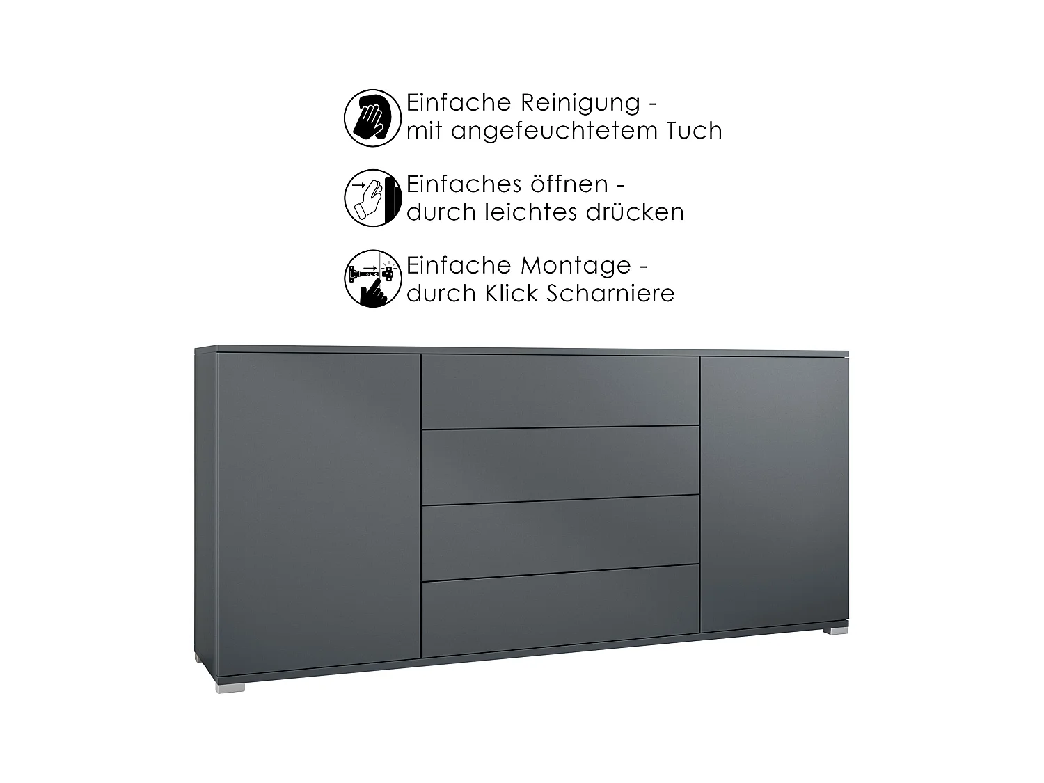 Buffet Santo V2, Enfilade avec 2 portes et 4 tiroirs, anthracite mat / anthracite mat (166,5 x 75,5 x 35 cm)