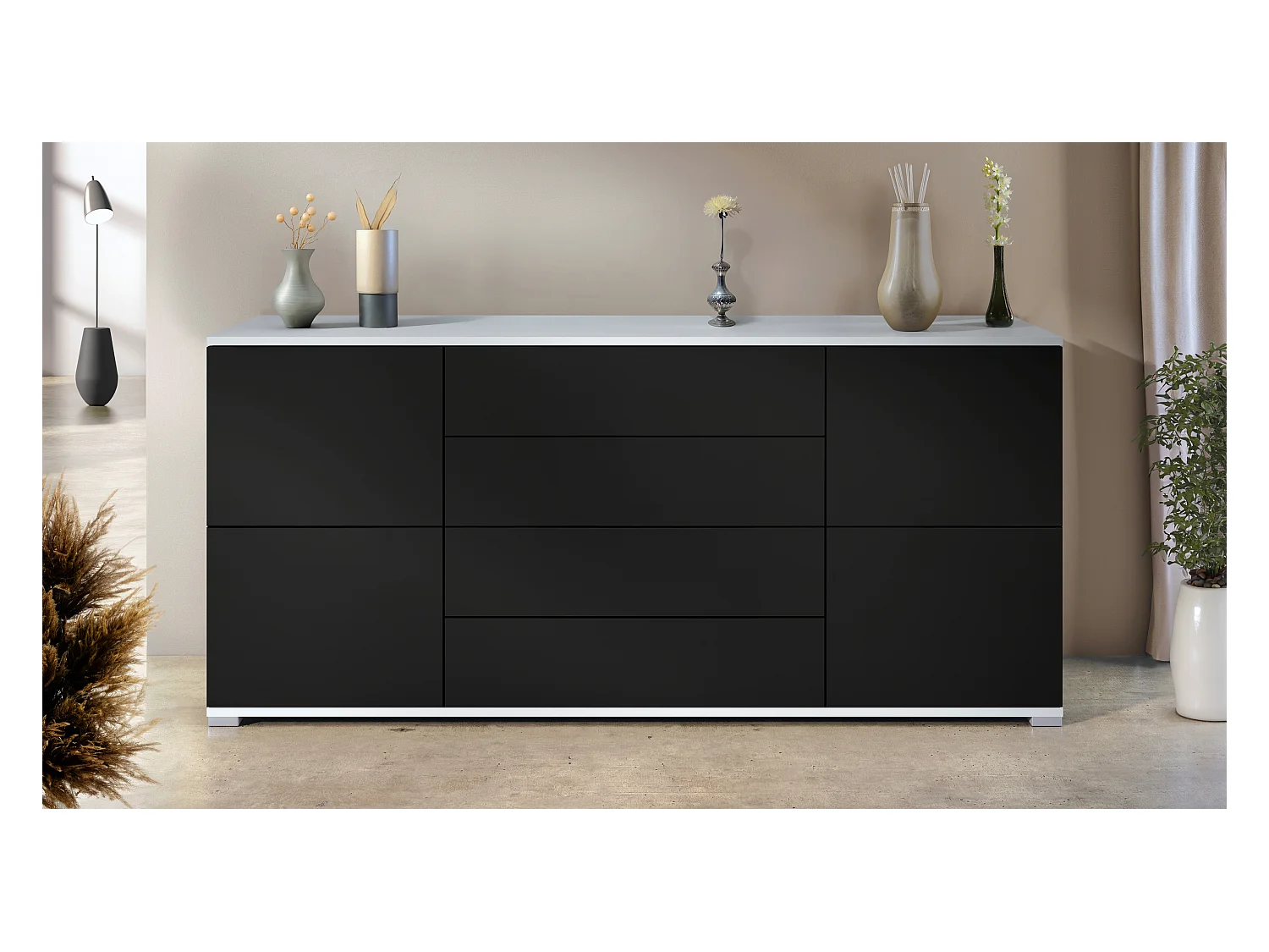 Buffet Rova V2 – Meuble avec 4 Portes et 4 Tiroirs, blanc mat/noir mat (166,5 x 75,5 x 35)