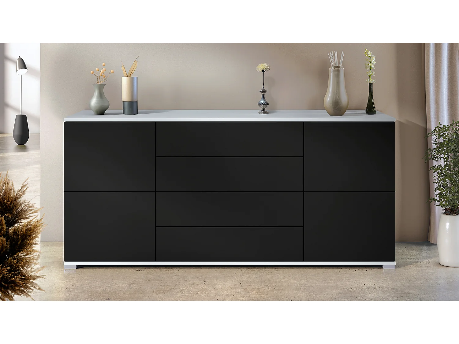 Buffet Rova V2 – Meuble avec 4 Portes et 4 Tiroirs, blanc mat/noir mat (166,5 x 75,5 x 35)