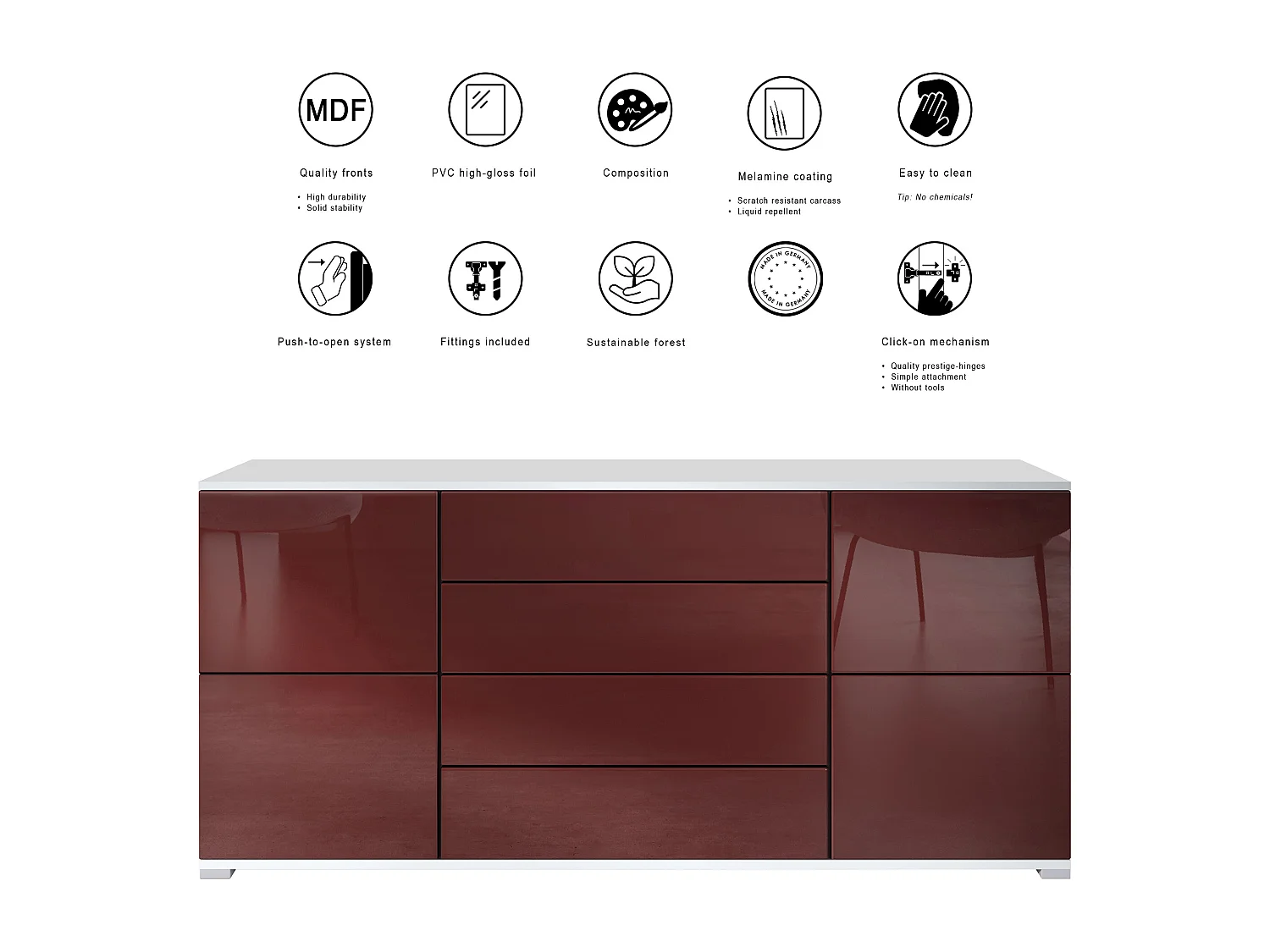 Buffet Rova V2 – Meuble avec 4 Portes et 4 Tiroirs, blanc mat/noir mat (166,5 x 75,5 x 35)