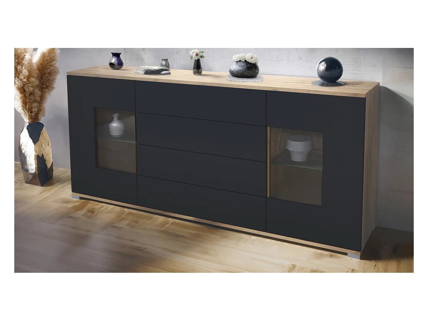 Buffet Grömitz V2 – Meuble avec 2 Grandes Portes et 4 Tiroirs, Chêne Evoke/noir mat (166,5 x 75,5 x 35)