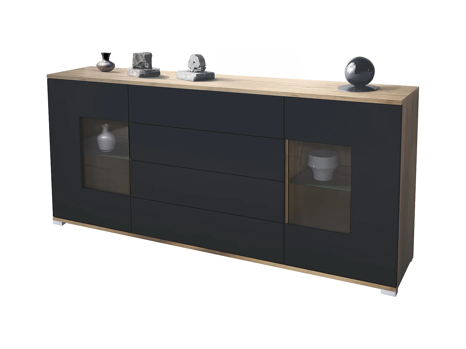 Buffet Grömitz V2 – Meuble avec 2 Grandes Portes et 4 Tiroirs, Chêne Evoke/noir mat (166,5 x 75,5 x 35)