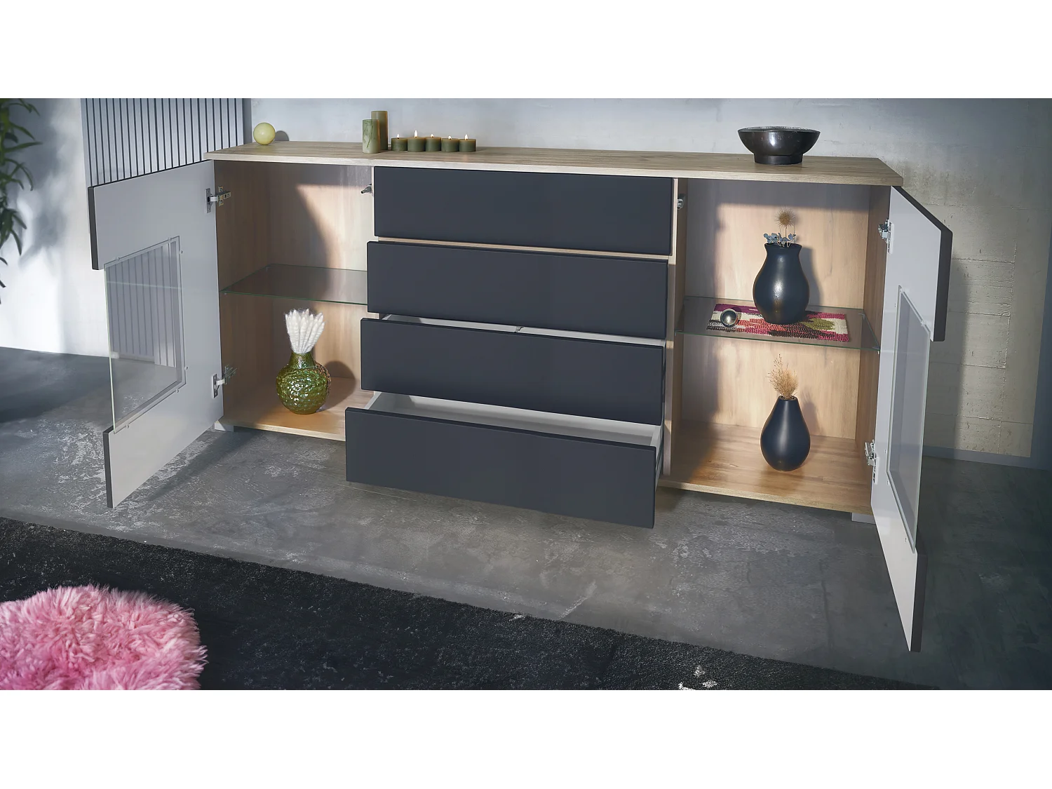 Buffet Grömitz V2 – Meuble avec 2 Grandes Portes et 4 Tiroirs, Chêne Evoke/noir mat (166,5 x 75,5 x 35)