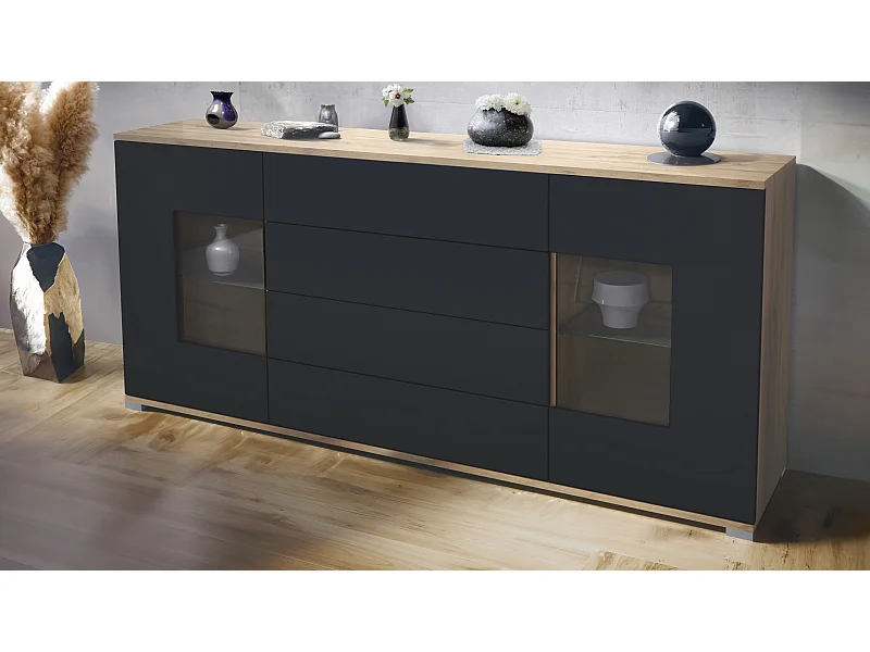 Credenza Grömitz V2 – Mobile con 2 Grandi Ante e 4 Cassetti, Quercia Evoca/nero opaco (166,5 x 75,5 x 35)