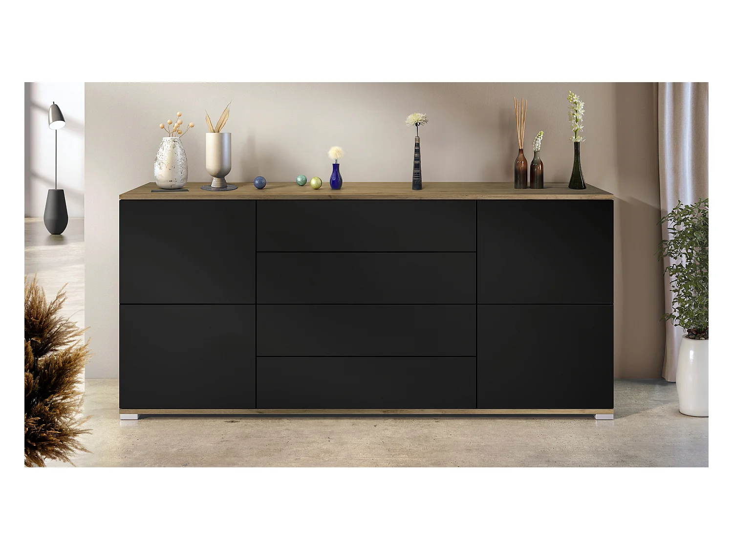Buffet Rova V2 – Meuble avec 4 Portes et 4 Tiroirs, Chêne Evoke/noir mat (166,5 x 75,5 x 35)