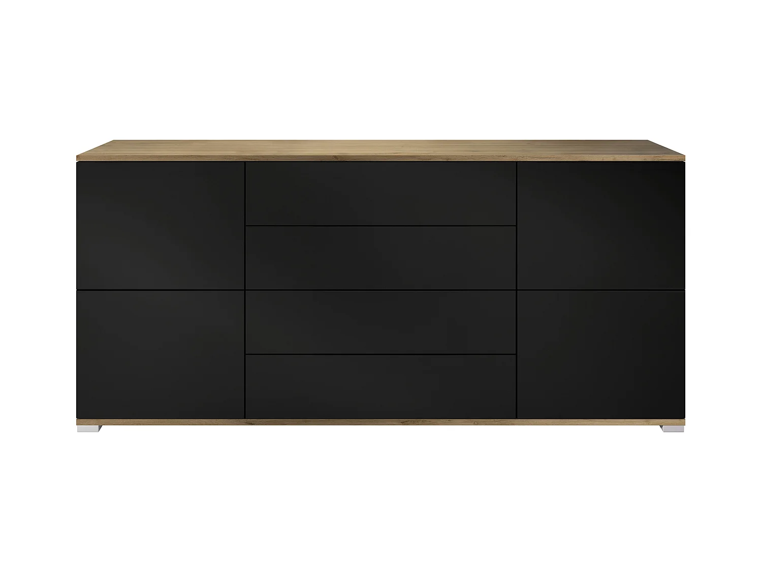 Buffet Rova V2 – Meuble avec 4 Portes et 4 Tiroirs, Chêne Evoke/noir mat (166,5 x 75,5 x 35)