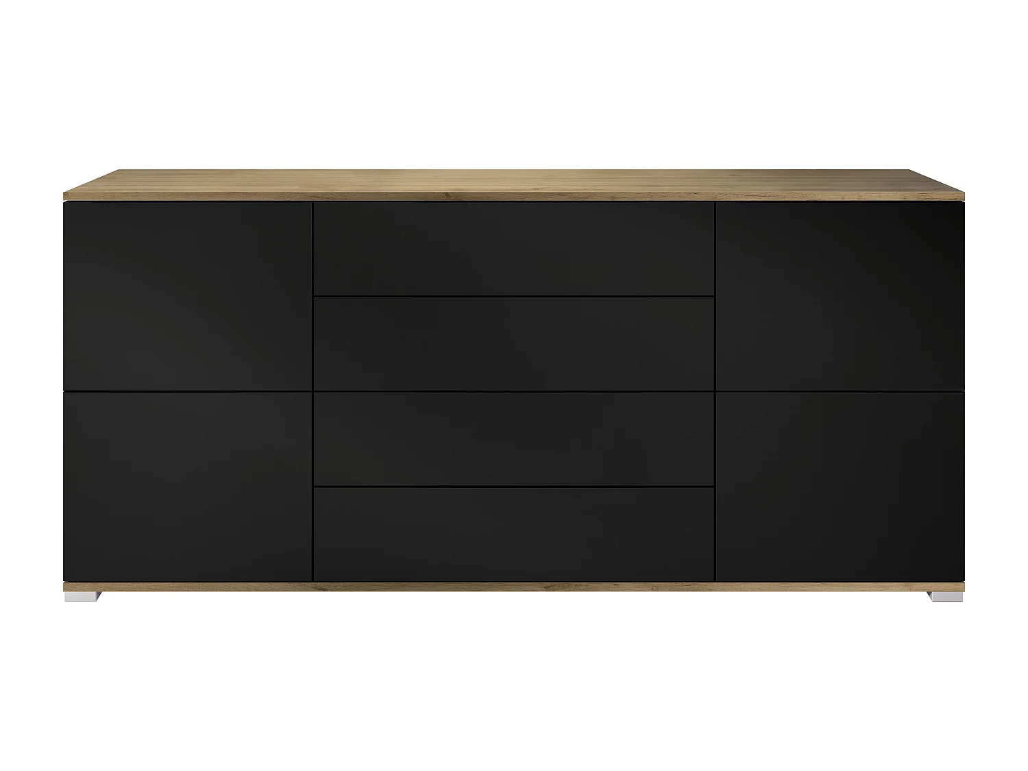 Buffet Rova V2 – Meuble avec 4 Portes et 4 Tiroirs, Chêne Evoke/noir mat (166,5 x 75,5 x 35)