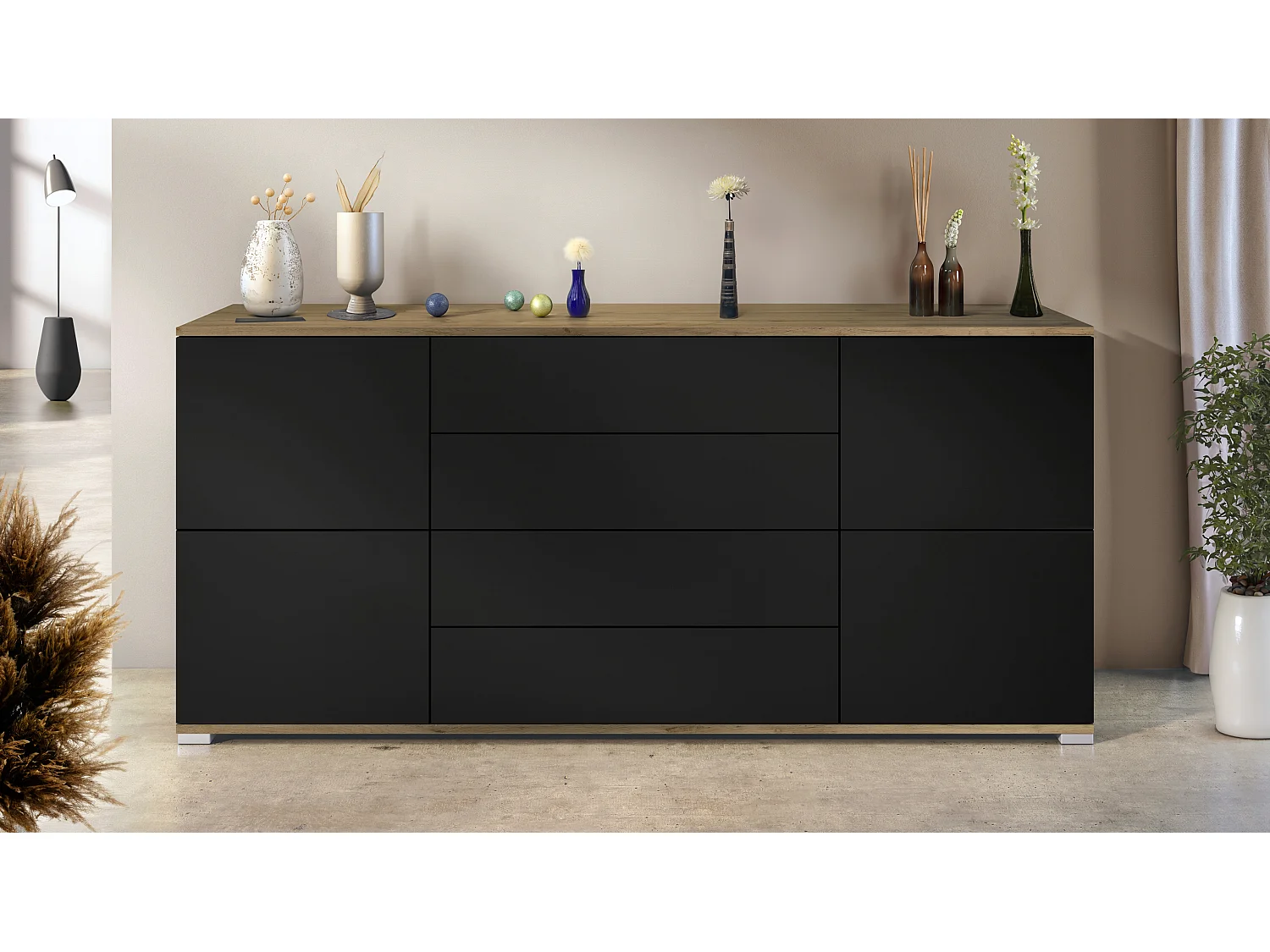 Buffet Rova V2 – Meuble avec 4 Portes et 4 Tiroirs, Chêne Evoke/noir mat (166,5 x 75,5 x 35)